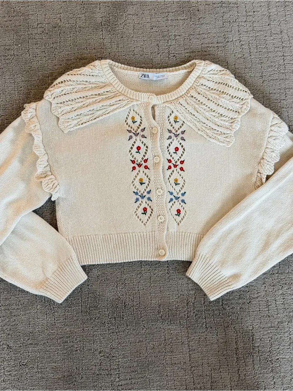 Zara Cream Cropped Floral-Embroidered Cardigan Sweater with Collar